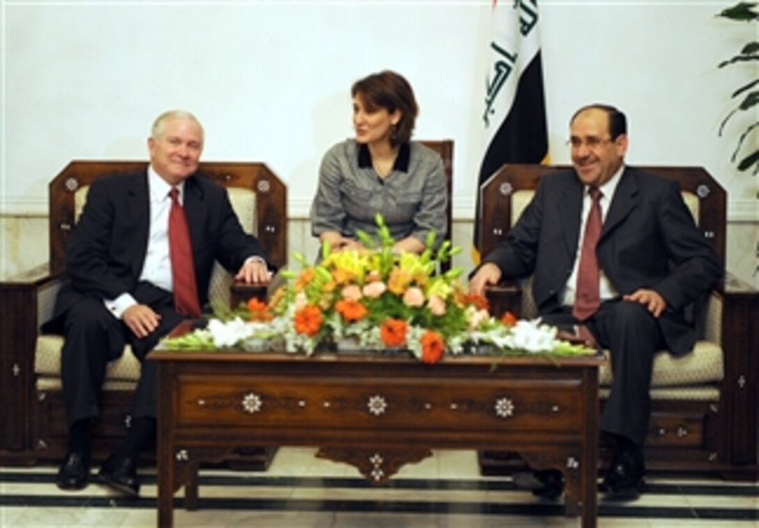 Secretary of Defense Robert M. Gates has an office visit with Iraqi Prime Minister Nuri al-Maliki in the international zone of Baghdad on July 28, 2009.  Gates visited Iraq receiving operational updates as well as meeting with key Iraqi officials.  