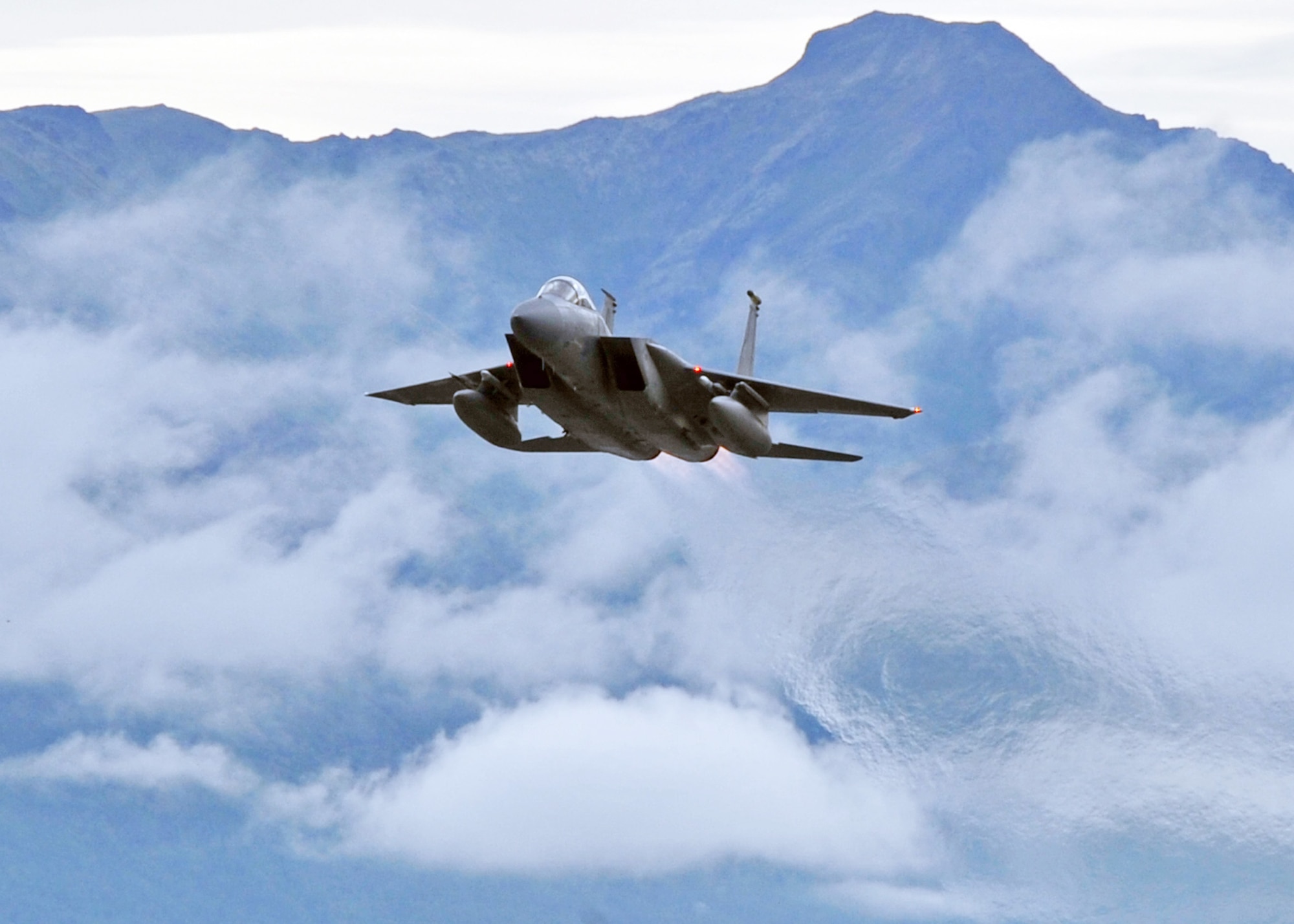 An F-15 Eagle takes off from Elmendorf Air Force Base, Alaska, July 28. The F-15 is assigned to the 19th Fighter Squadron. The unit is a part of the 3rd Wing at Elmendorf AFB and is one of three fighter squadrons there. (U.S. Air Force photo/Senior Airman Laura Turner)