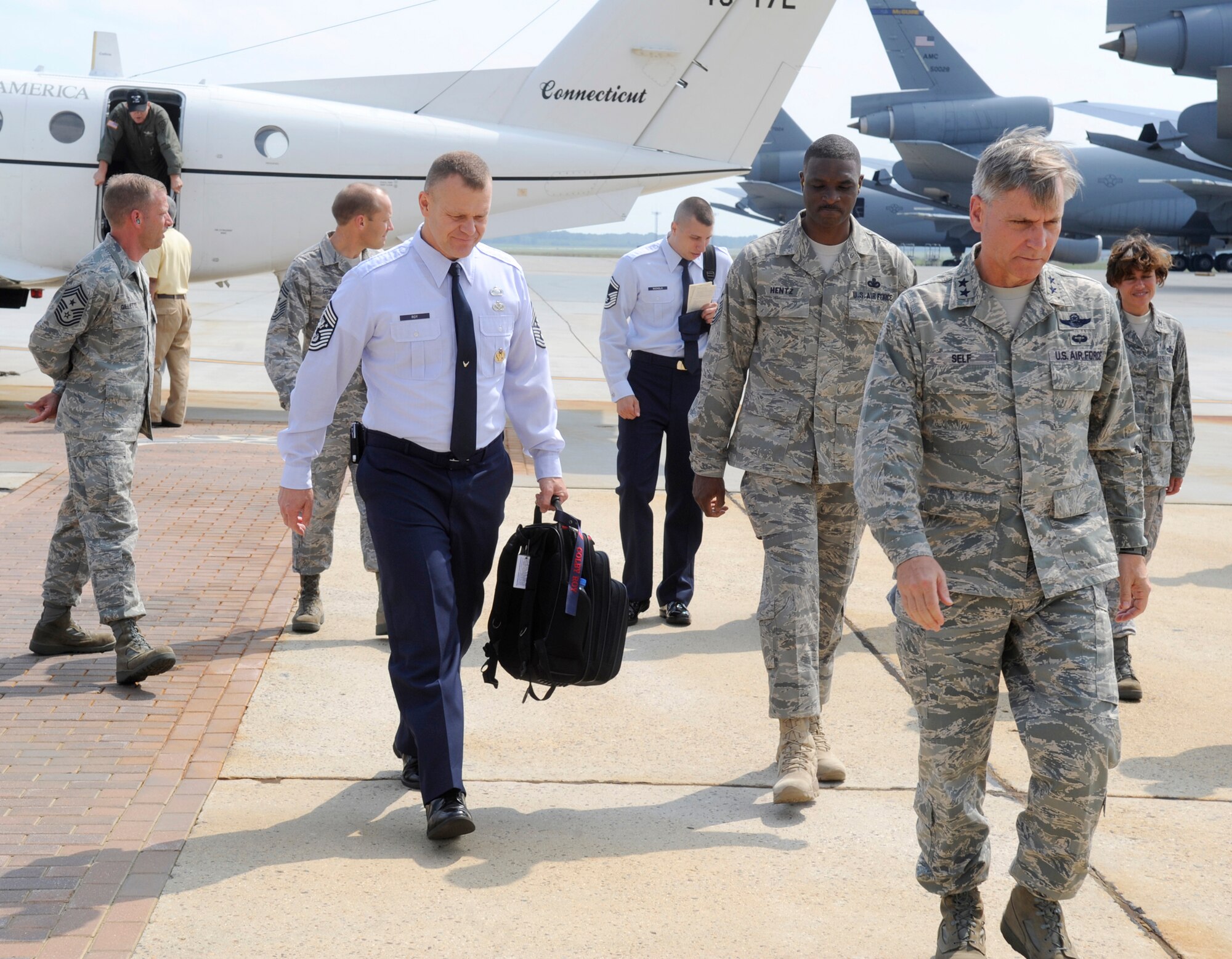 Chief Master Sergeant of the Air Force James Roy arrives at Joint Base McGuire-Dix-Lakehurst July 28; he was greeted by Maj. Gen. Kip Self, U.S. Air Force Expeditionary Center commander, Col. Gina Grosso, JB MDL commander, and other base leaders. CMSAF Roy toured the base for three days, visiting various squadrons and Airmen. He also held an Airmens' Call Thursday prior to his departure. (U.S. Air Force photo/Carlos Cintron)