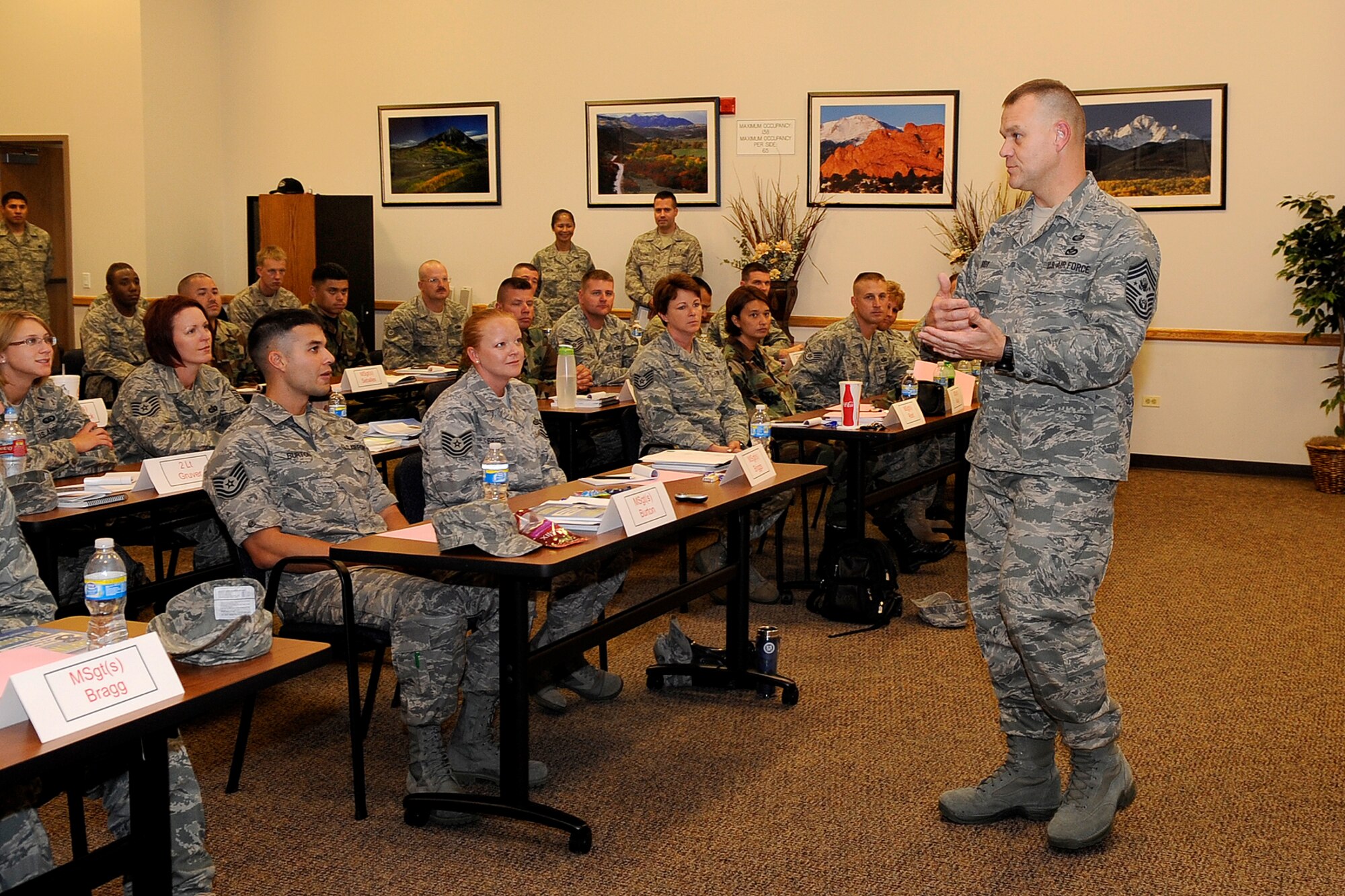 BUCKLEY AIR FORCE BASE, Colo. -- Chief Master Sgt. of the Air Force James Roy speaks to the Senior NCO Induction Course July 23 at the leadership development center.  Following his speech, Chief Roy answered questions from the class regarding the future of the enlisted force and the senior NCO corps.  (U.S. Air Force photo by Senior Airman Stephen Czyz)