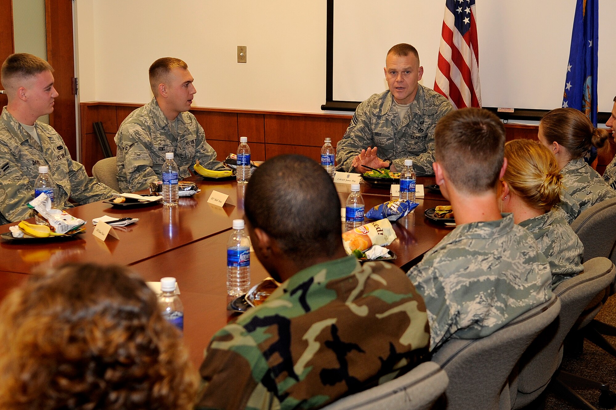 BUCKLEY AIR FORCE BASE, Colo. -- Chief Master Sgt. of the Air Force James Roy speaks to a group of Buckley Airmen during a luncheon July 23. Chief Roy visited Buckley Air Force Base with Lt. Gen. Charles Stenner, commander of Air Force Reserve Command, who was here for the Air Force Reserve Personnel Center groundbreaking ceremony. (U.S. Air Force photo by Senior Airman Stephen Czyz)