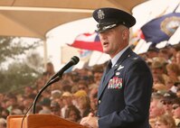 7/24/2009 - Col. William H. Mott V addresses the audience during the 37th Training Wing change of command ceremony July 24. Colonel Mott graduated from the Air Force Academy in 1985 and has served in a variety of positions including instructor pilot, flight examiner, weapons officer, operations officer, squadron commander, and group commander prior to becoming the commander of the 37th TRW. (U.S. Air Force photo/Robbin Cresswell)