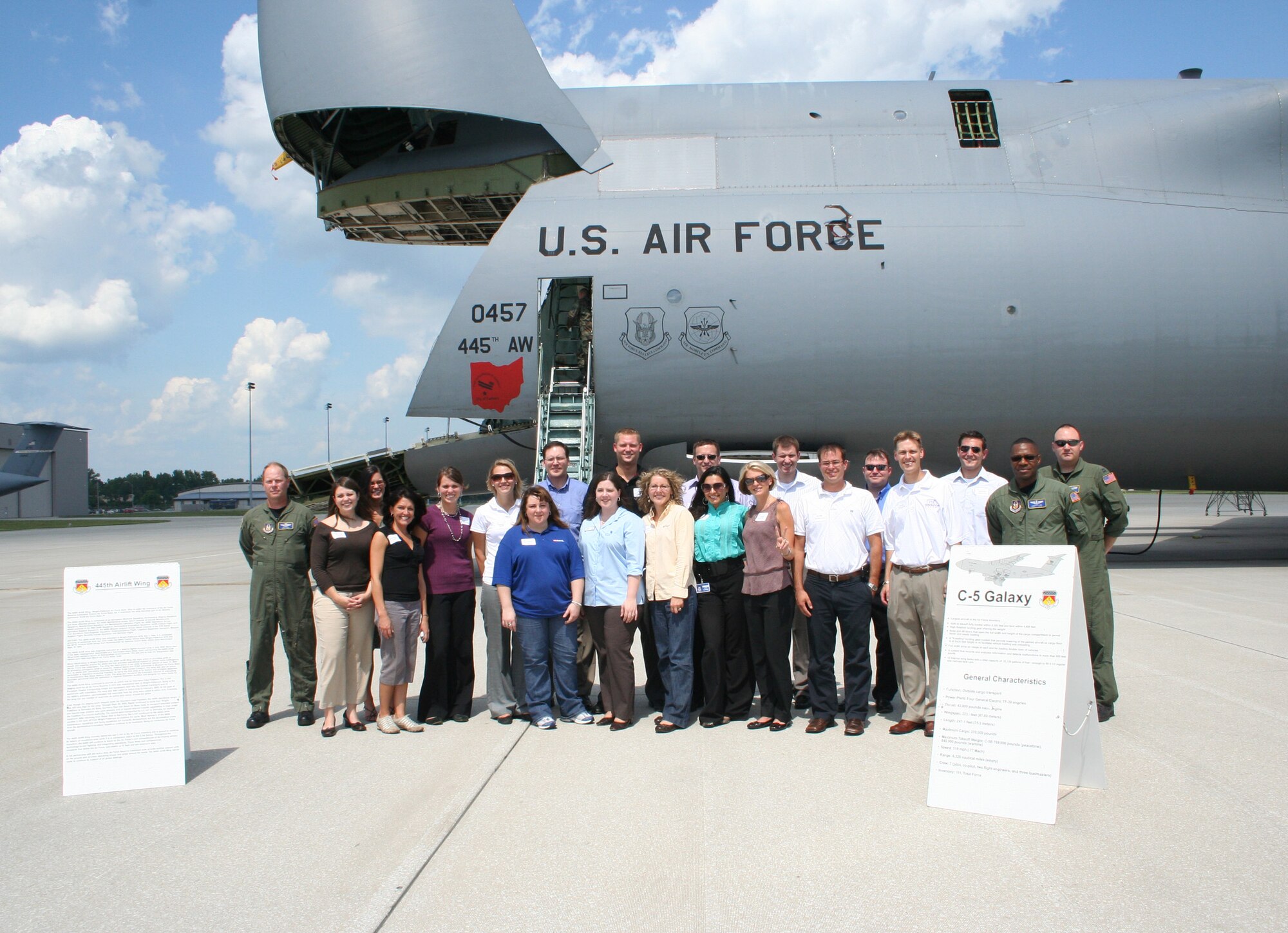 WRIGHT-PATTERSON AIR FORCE BASE, Ohio - Generation Dayton, a group of young professionals from the Dayton region, visited Wright-Patterson Air Force Base July 24 to tour the base and meet with the junior work force.  Part of their visit included a visit to the 445th Airlift Wing to tour a C-5 Galaxy aircraft.  (U. S. Air Force photo/Stacy Vaughn)