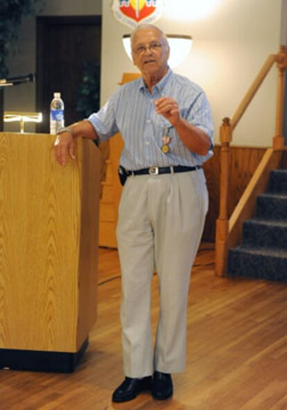 DYESS AIR FORCE BASE, Texas — John Junior Jupin makes final remarks and expresses his gratitude to the attendants here July 29 at the Heritage Club. Mr. Jupin served 23 years active duty and 34 years as a civilian. Mr. Jupin retired from the Air Force in 1975 as a chief master sergeant. (U.S. Air Force photo by Senior Airman Domonique Washington)