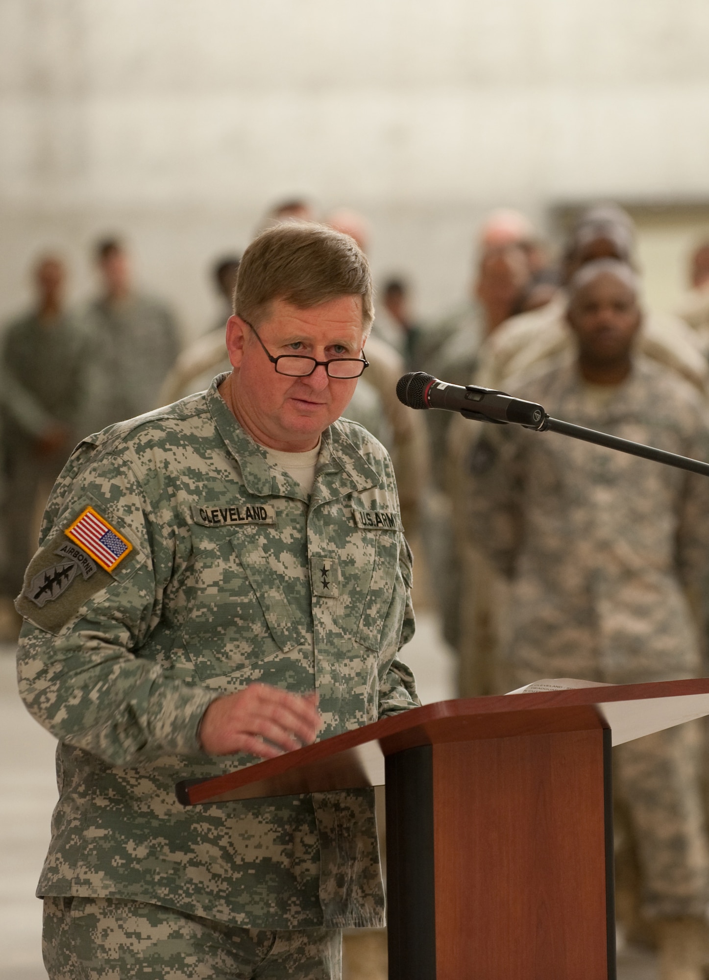 Maj. Gen. Charles Cleveland, Special Operations Command Central commander, speaks to distinguished guests and fellow members of SOCCENT at a ribbon-cutting ceremony for the new SOCCENT main headquarters, July 29, in Southwest Asia.  SOCCENT plans, prepares, and directs special operations missions in support of Operations Iraqi and Enduring Freedom. (U.S. Air Force Photo by Staff Sgt. Robert Barney)