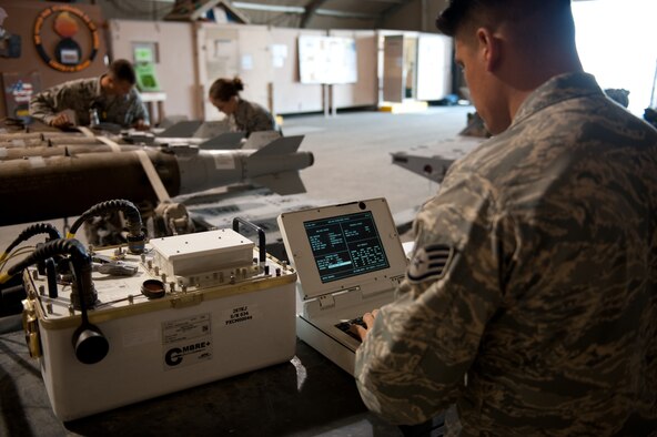 Staff Sgt. Jay Jacobs, 379th Expeditionary Maintenance Squadron munitions flight conventional maintenance journeyman, tests a GBU-38 for fin operability, July 20, in Southwest Asia. The 379 EXMS munitions flight provides aircraft with both offensive and defensive devices to support various air tasking orders throughout the U.S. Central Command area of responsibility. Sergeant Jacobs is a native of Winnebago, Neb. and deployed from Dyess Air Force Base, Texas, in support of Operations Iraqi and Enduring Freedom. (U.S. Air Force Photo/Staff Sgt. Robert Barney)