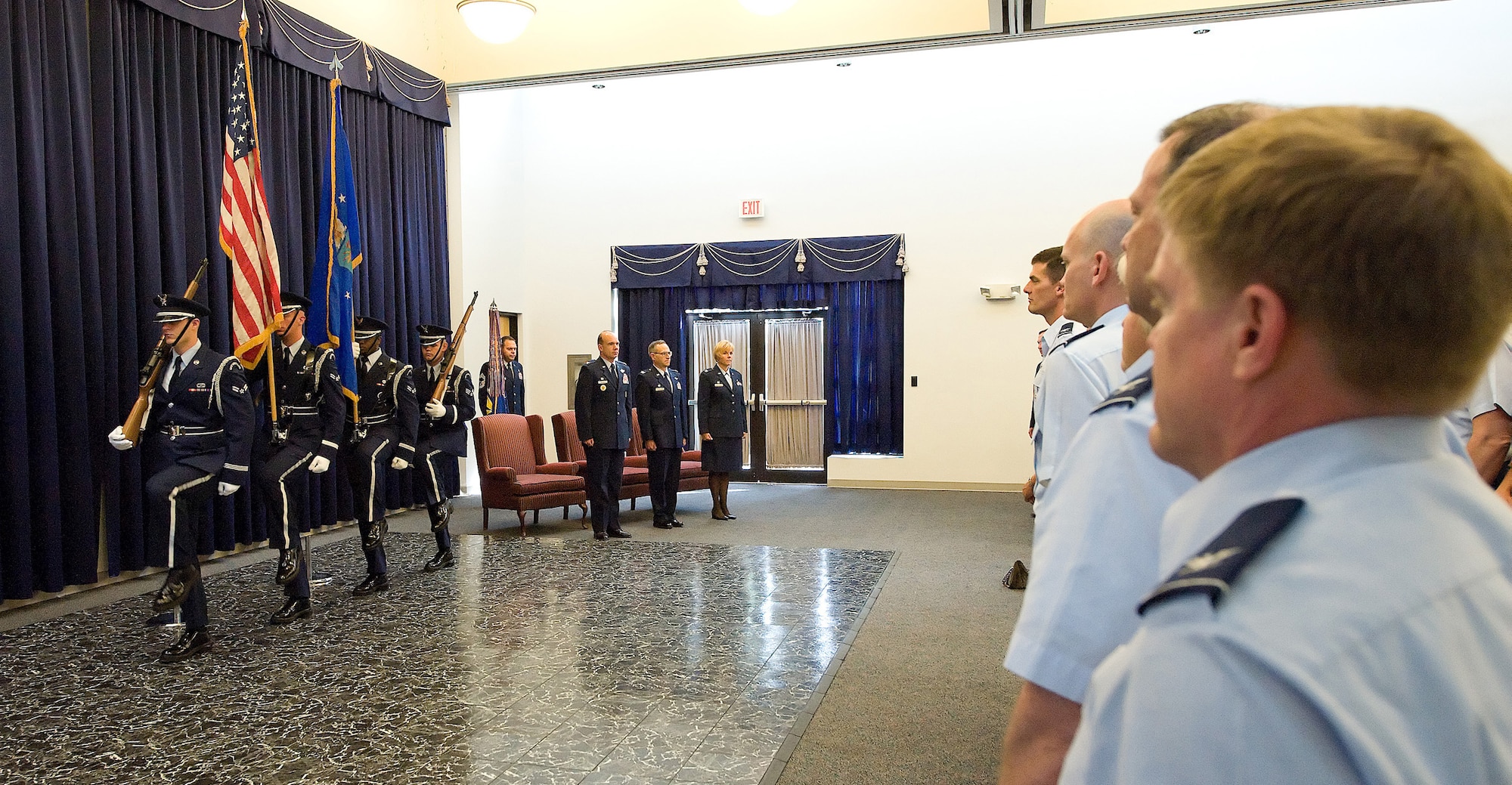 The Dover Air Force Base Honor Guard colors team posts the colors for the 436th Medical Group change-of-command ceremony at the Landings Club July 20 at Dover Air Force Base, Del. (U.S. Air Force photo/Jason Minto)