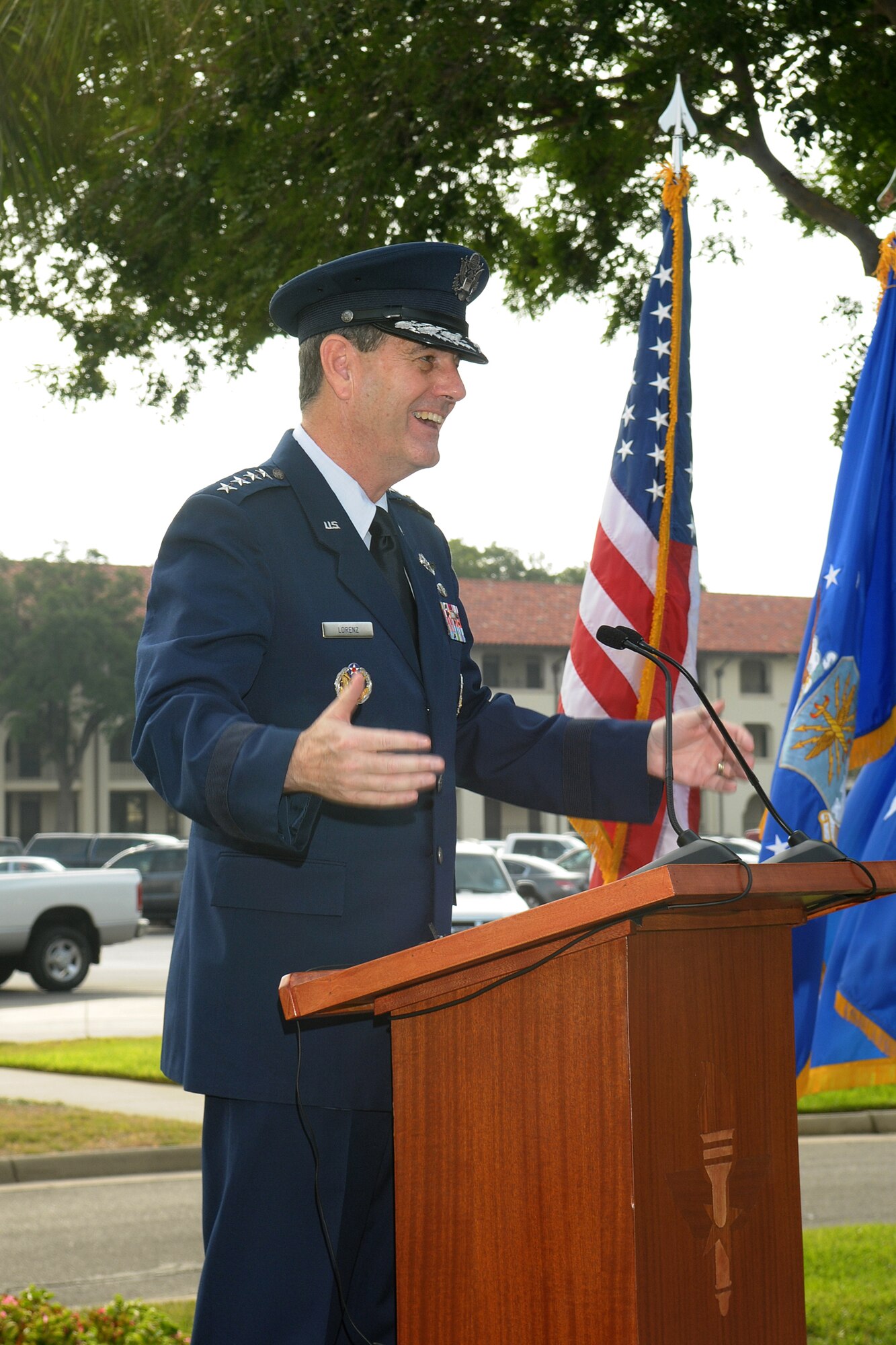 General Stephen R. Lorenz, commander of Air Education and Training Command, speaks to the crowd at the 502nd Air Base Wing Activation Ceremony where Brig. Gen. Leonard A. “Len” Patrick took command of the wing. The 502nd ABW functions as installation management for Joint Base San Antonio, which includes Randolph and Lackland Air Force Bases and Fort Sam Houston. (Air Force Photo by Joel Martinez)