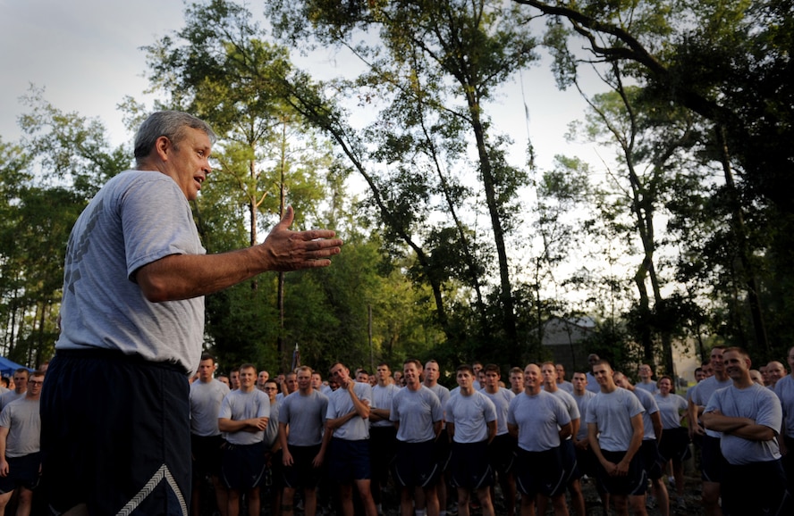 MOODY AIR FORCE BASE, Ga. -- Brig. Gen. Michael Longoria, 93rd Air Ground Operations Wing commander, speaks to Airmen from the wing prior to a two-mile formation run here July 30. The 93rd AGOW's mission is to manage and provide combat-ready tactical air control party personnel, battlefield weather, and force protection assets for joint forces commanders. (U.S. Air Force photo by Senior Airman Gina Chiaverotti-Paige)
