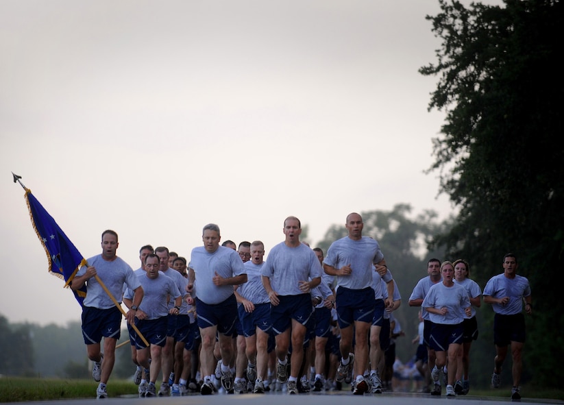 MOODY AIR FORCE BASE, Ga. -- Brig. Gen. Michael Longoria, 93rd Air Ground Operations Wing commander, along with 93rd AGOW Airmen participate in a two-mile formation run one last time together here July 30. General Longoria is scheduled to retire from the Air Force after 30 years of service. (U.S. Air Force photo by Senior Airman Gina Chiaverotti-Paige)