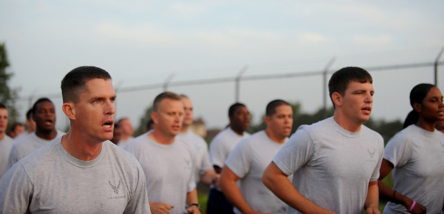 MOODY AIR FORCE BASE, Ga. -- Airmen from the 93rd Air Ground Operations Wing participate in a two-mile formation run with Brig. Gen. Michael Longoria, 93rd AGOW commander, to celebrate his last full day as commander of the 93rd AGOW here July 30. General Longoria relinquished command of the 93rd AGOW to Col. John Horner on July 31. (U.S. Air Force photo by Senior Airman Gina Chiaverotti-Paige)