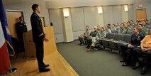 MOODY AIR FORCE BASE, Ga. -- Capt. Guillaume Vernet, an HH-60G PaveHawk pilot assigned to the 41st Rescue Squadron, speaks to the crowd during his promotion ceremony here July 31. Captain Vernet is a part of a three-year officer exchange program and was promoted to the rank of major during the ceremony. (U.S. Air Force photo by Senior Airman Schelli Jones)
