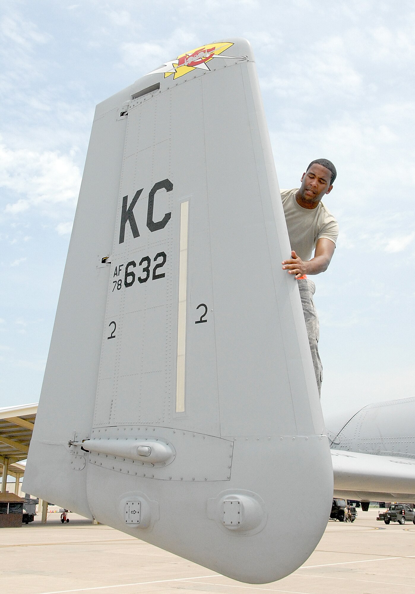 Senior Airman Todd Regas, an aircraft maintenance technician with the 442nd Aircraft Maintenance Squadron, inspects the tail of an A-10 Thunderbolt II following a mission flown during a sortie surge exercise at Whiteman Air Force Base, Mo., in July.  The sortie-surge exercise was held to help prepare the 442nd Maintenance and Operations Groups for an upcoming operational readiness inspection. The 442nd AMXS is part of the 442nd Fighter Wing, an Air Force Reserve Command unit based at Whiteman.  (U.S. Air Force photo/Staff Sgt. Kent Kagarise)