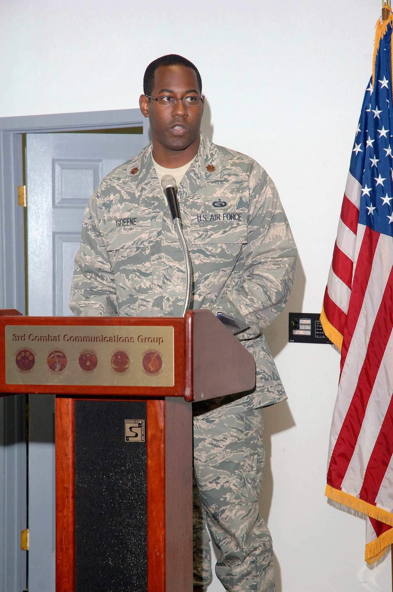 Maj. Noland Greene assumed command of the 34th Combat Communications Squadron during a change of command ceremony here July 27. (Air Force photo by Dave Faytinger)