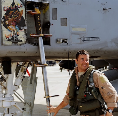MOODY AIR FORCE BASE Ga. -- Capt. Joseph Runci, 74th Fighter Squadron A-10C Thunderbolt II pilot, climbs down from his aircraft here July 30. Captain Runci returned to his wife and son after a five-month deployment to Afghanistan. (U.S. Air Force photo by Airman 1st Class Joshua Green)