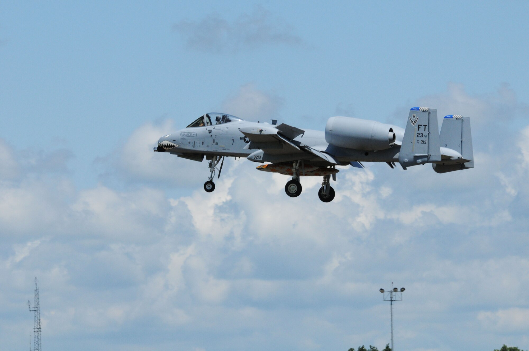 One of two A-10A Thunderbolt II planes of the  U.S. Air Force A-10 Demo Team, Moody Air Force Base, GA, lands at the Sioux Gateway Airport / Col. Bud Day Field,  in Sioux City, Iowa. The A-10's will be flying durring the Air and Ag show being hosted by the 185th Air Refueling Wing.  Official Air Force Photo by: MSgt. Bill Wiseman (released)