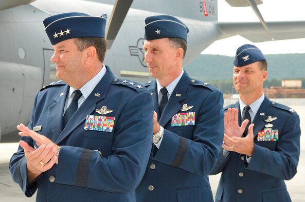 Lt. Gen. Philip Breedlove, 3rd Air Force commander, Brig. Gen. Bill Bender, outgoing 86th Airlift Wing commander, and Col. Mark Dillon, incoming 86th AW commander, prepare for the change of command ceremony on Ramstein, July 31, 2009. (U.S. Air Force photo by Staff Sgt. Stephen Otero)