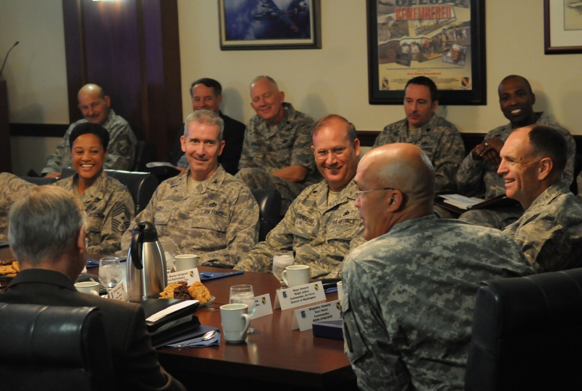 The senior leaders of Military District of Washington, Air Force District of Washington and the 11th Wing discuss the missions of AFDW and the 11th Wing within the context of MDW. Brig. Gen. Karl Horst, MDW commander, came for an orientation tour of Air Force District of Washington’s assets on Bolling Air Force Base, July 29. (U.S. Air Force photo by Senior Airman Sean Adams)