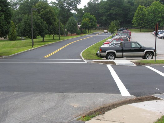 The paving project on Bestic Drive concluded July 28 after contractors from Hanscom Civil Engineering replaced the aging asphalt between Barksdale Street and Shilling Circle.  (U.S. Air Force photo by Capt. Geoff Buteau)