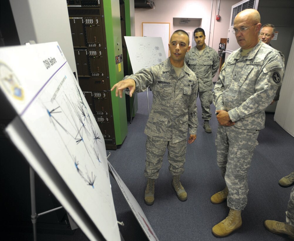 Airman 1st Class Adam Neiderhiser, 744th Communications Squadron cable maintenance journeyman, gives a briefing to Brig. Gen. Karl Horst during the general’s tour of Andrews Wednesday. General Horst serves as the principle advisor to the  commander of U.S. Joint Forces Command on all military operational, logistics and engineering matters. (U.S. Air Force photo/ Senior Airman Steven Doty)