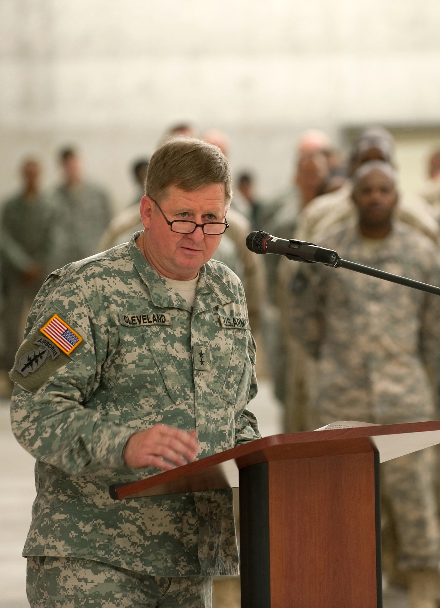 Army Maj. Gen. Charles Cleveland speaks to the audience at a ribbon-cutting ceremony for the new Special Operations Command Central main headquarters July 29 in Southwest Asia. SOCCENT officials plan, prepare and direct special operations missions in support of operations Iraqi Freedom and Enduring Freedom. General Cleveland is the SOCCENT commander. (U.S. Air Force photo/Staff Sgt. Robert Barney) 