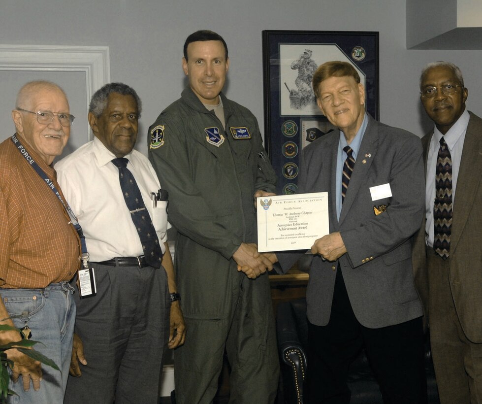 Chuck Suraci Jr., Air Force Association president, presents Col. Steven Shepro, 316th Wing/Andrews commander, and the Thomas W. Anthony Chapter, with the National Aerospace Education Achievement Award for sustained excellence in the execution of aerospace education programs at Andrews July 22. (U.S. Air Force photo/ Staff Sgt. Melissa Stonecipher)