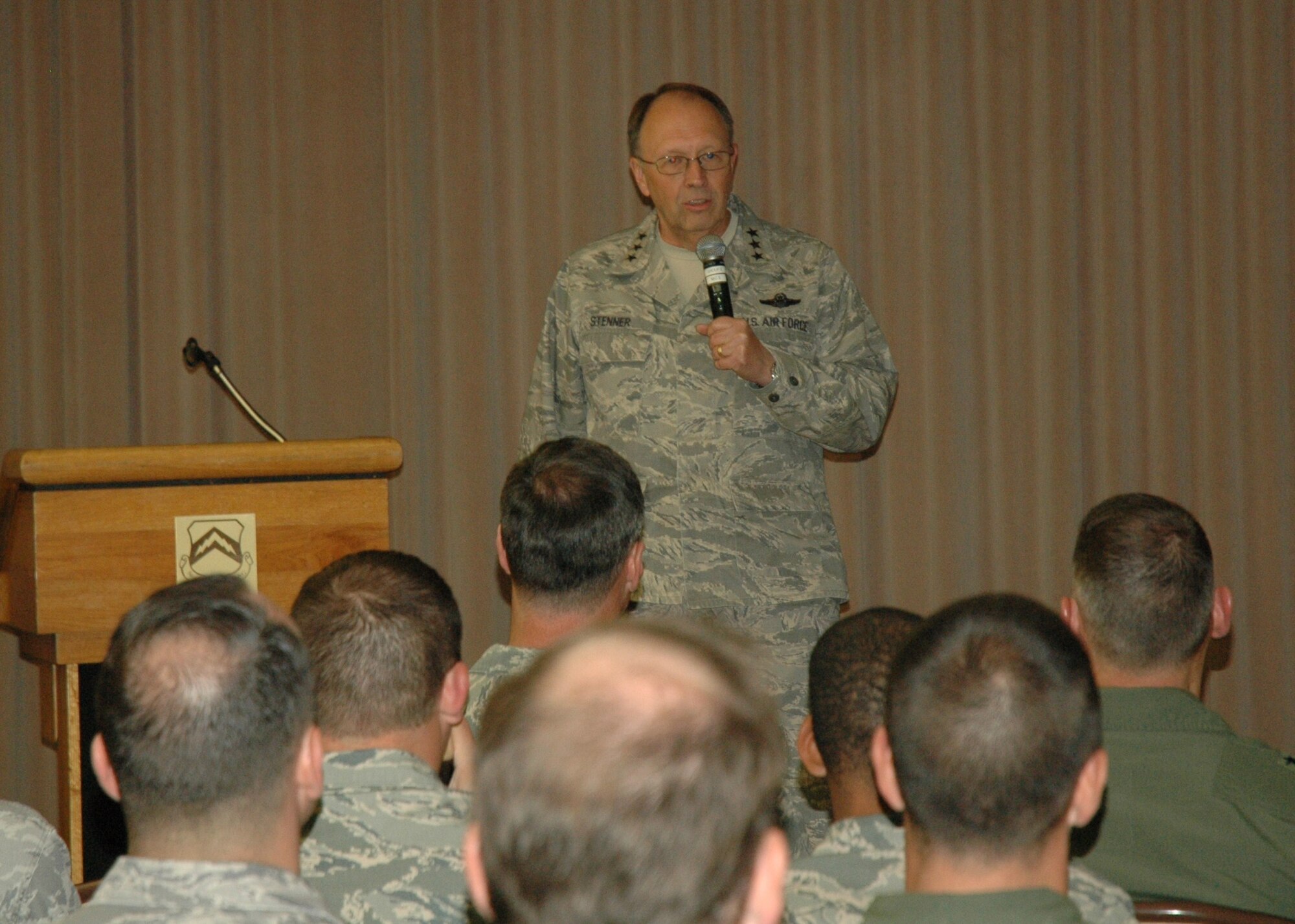 Lt. Gen. Charles Stenner Jr, Commander, Air Force Reserve Command, speaks to members of the 944th and 56th Fighter Wings during his visit here May 28. General Stenner conducted a Warrior Call and also served as the presiding officer for the promotion ceremony of Maj. Gen. Roger Binder, mobilization assistant to the Commander, Air Combat Command, General Binder, a former member of the 944th Fighter Wing, chose the the wing as the site for his promotion to major general. General Binder and General Stenner both served in the 944th Fighter Wing in various command positions. (U.S. Air Force photo/Tech. Sgt. Susan Stout)