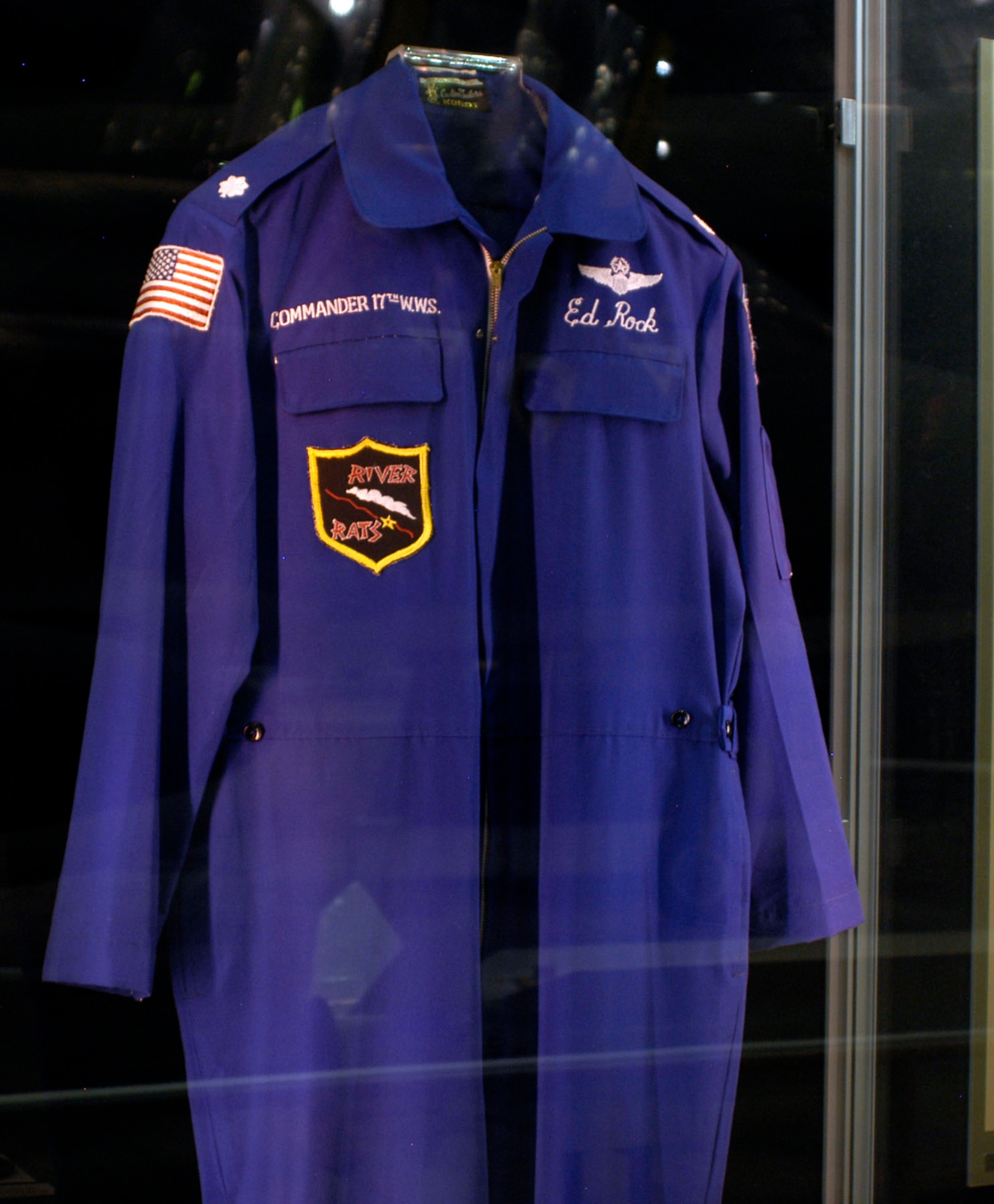 DAYTON, Ohio - Lt. Col. Edward Rock's party suit. Col. Rock was the commander of the 17th Wild Weasel Squadron from June 1972 to the end of the Southeast Asia War. This suit is on display in the First In, Last Out: Wild Weasels vs. SAMs exhibit in the Southeast Asia War Gallery at the National Museum of the U.S. Air Force. (U.S. Air Force photo)