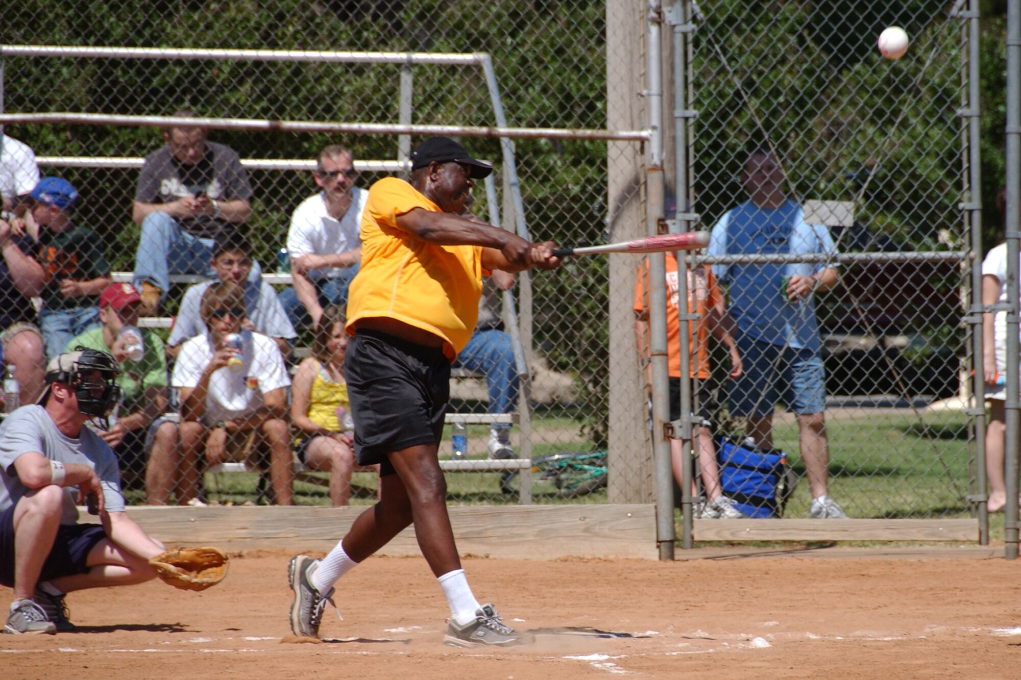 Col. Otha Solomon, 71st Medical Group commander, hits a double during the Senior Leadership Softball Classic on base May 29. (U.S. Air Force photo by Staff Sgt. Brian Hill)