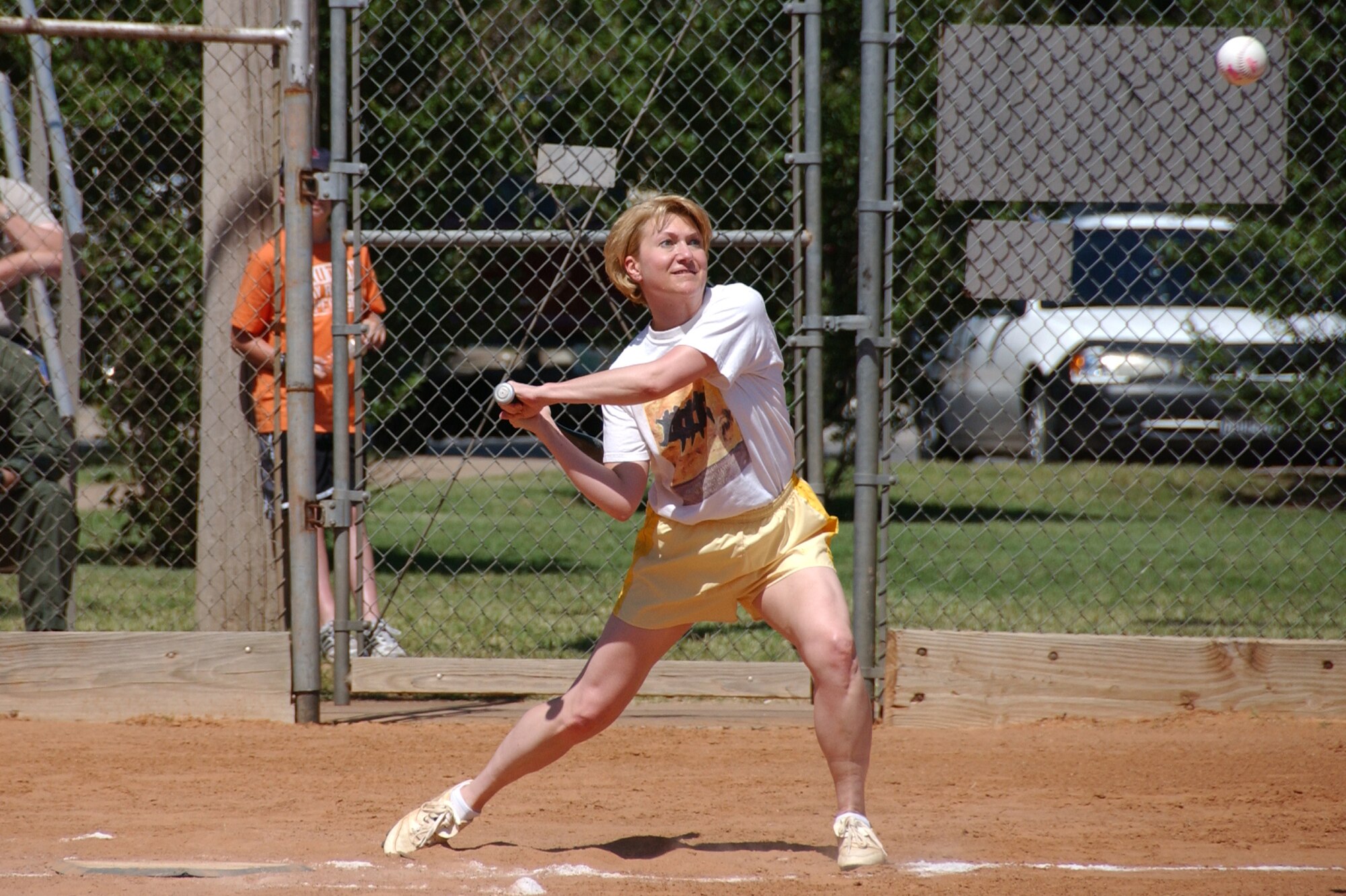 Col. Jennifer Graham, 71st Mission Support Group commander, up at bat during the Senior Leadership Softball Classic on base May 29. (U. S. Air Force photo by Staff Sgt. Brian Hill).