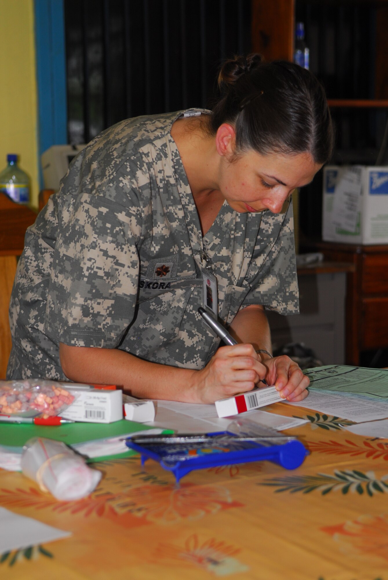 NORTHERN PROVINCE OF ALAJUELA, Costa Rica – Maj. Jeana Skora, a 30th Medical Support Squadron pharmacist, fills the prescriptions for a local resident here May 21. Medical personnel from the 30th Space Wing deployed to Costa Rica May 16 - 30 as part of a humanitarian effort with local Costa Rican physicians. Medical specialists from both countries provided medical care to residents who are rarely seen by physicians due to living in isolated areas. (U.S. Air Force photo/Airman 1st Class Steve Bauer) 