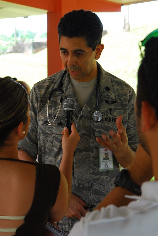 SANTA ROSA, Costa Rica – Lt. Col. Mario Silva, the 30th Medical Operations Squadron chief of the medical staff, receives questions from the local media here May 22. Medical personnel from the 30th Space Wing deployed to Costa Rica May 16 - 30 as part of a humanitarian effort with local Costa Rican physicians. Medical specialists from both countries provided medical care to residents who are rarely seen by physicians due to living in isolated areas.(U.S. Air Force photo/Airman 1st Class Steve Bauer) 