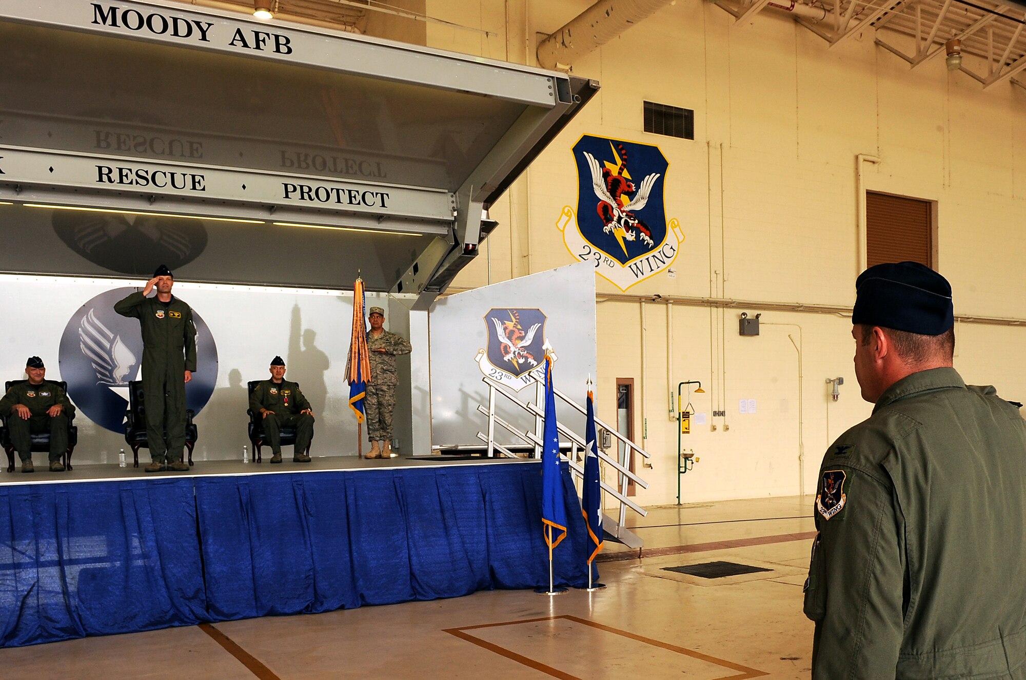 MOODY AIR FORCE BASE, Ga. -- Airmen from various groups and organizations from around Moody participated in a change of command ceremony held here May 28. Col. Gary Henderson, 23rd Wing commander, assumed command from Col. Kenneth Todorov. (U.S. Air Force photo by Airman 1st Class Joshua Green) 