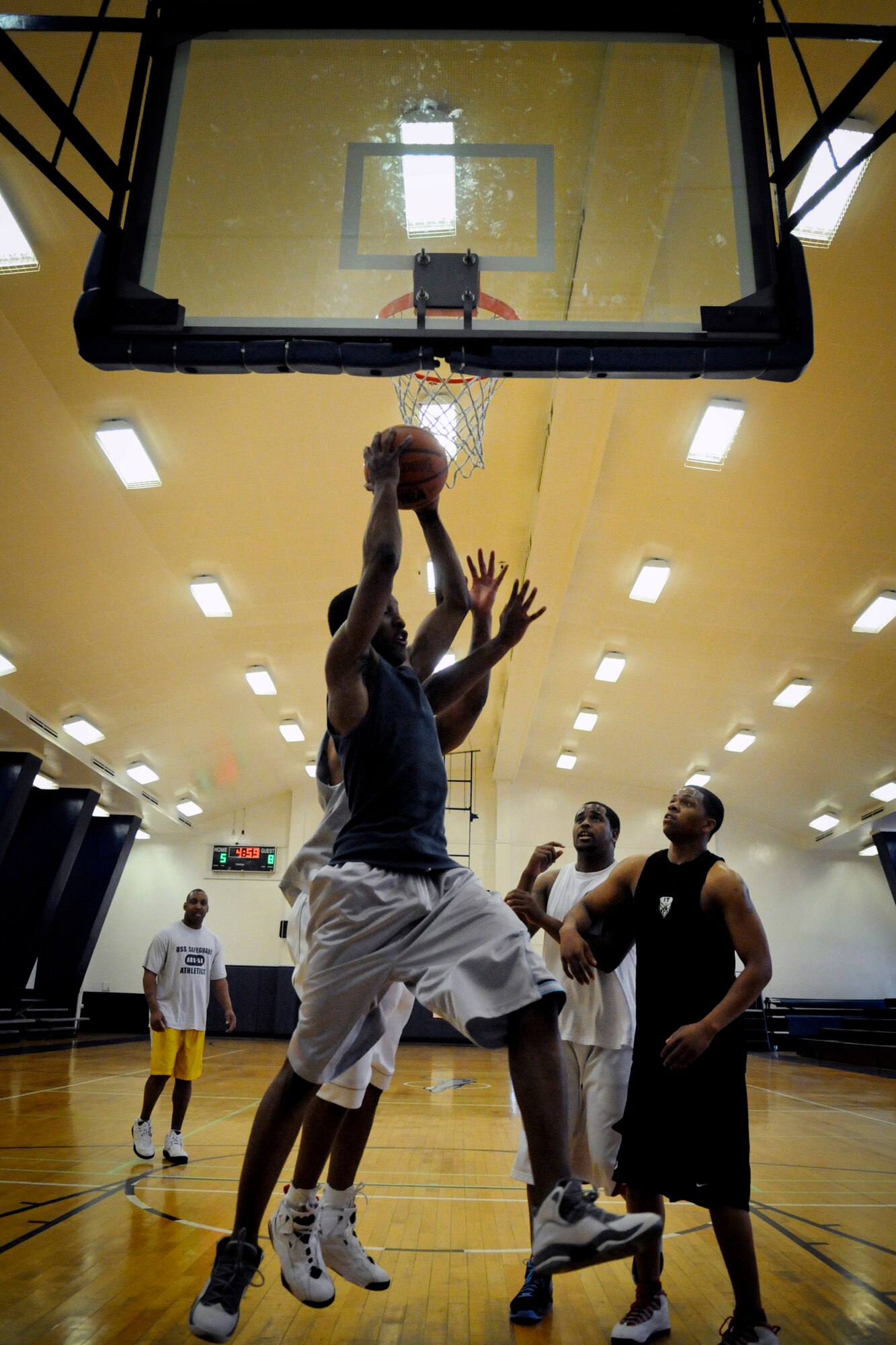 MISAWA AIR BASE, Japan -- Adam Griffith grabs a rebound during a 3-on-3 basketball tournament at the Potter Fitness Center May 27, 2009. Griffith's team finished the tournament in first place. (U.S. Air Force photo by Senior Airman Jamal D. Sutter)
