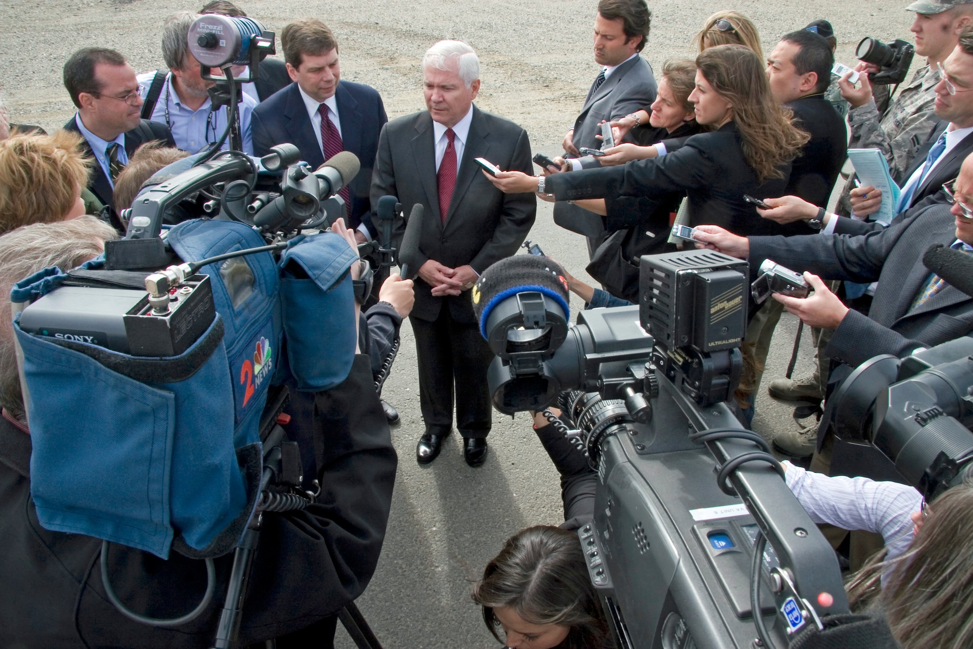 (FORT GREELY, Alaska) -- At Monday's press conference, Secretary of Defense Robert Gates talked to members of the media about the Ground-based Mid course Defense system located on the Missile Defense Complex. The two toured the 800-acre site viewing an operational ground-based interceptor and meeting the Alaska Army National Guard Soldiers charged with operating and securing the missile defense system. The 100th MDB (GMD) is stationed at Peterson Air Force Base and is a Colorado National Guard unit assigned to U.S. Space and Missile Defense Command, under the operational control of Northern Command for homeland defense. (U.S. Army photo by Sgt. Jack Carlson III)