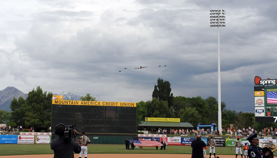 Four F-16 Fighting Falcons, piloted by 419th Fighter Wing pilots, and a KC-135 from the Salt Lake National Guard's 151st Air Refueling Wing wowed the crowd at a Salt Lake Bees baseball game last night at the Spring Mobile Ballpark in Salt Lake City. The game was an Air Force appreciation event and was one of many special events in the local area as part of Air Force Week: Salt Lake City. (U.S. Air Force photo/Alex Lloyd)
