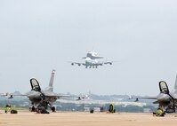 A modified Boeing 747 Shuttle Carrier Aircraft carrying the space shuttle Atlantis lands at Lackland's Kelly Field Annex June 2 to refuel. The shuttle was on its way back to NASA's Kennedy Space Center in Florida. (U.S. Air Force photo/Alan Boedeker)                                  