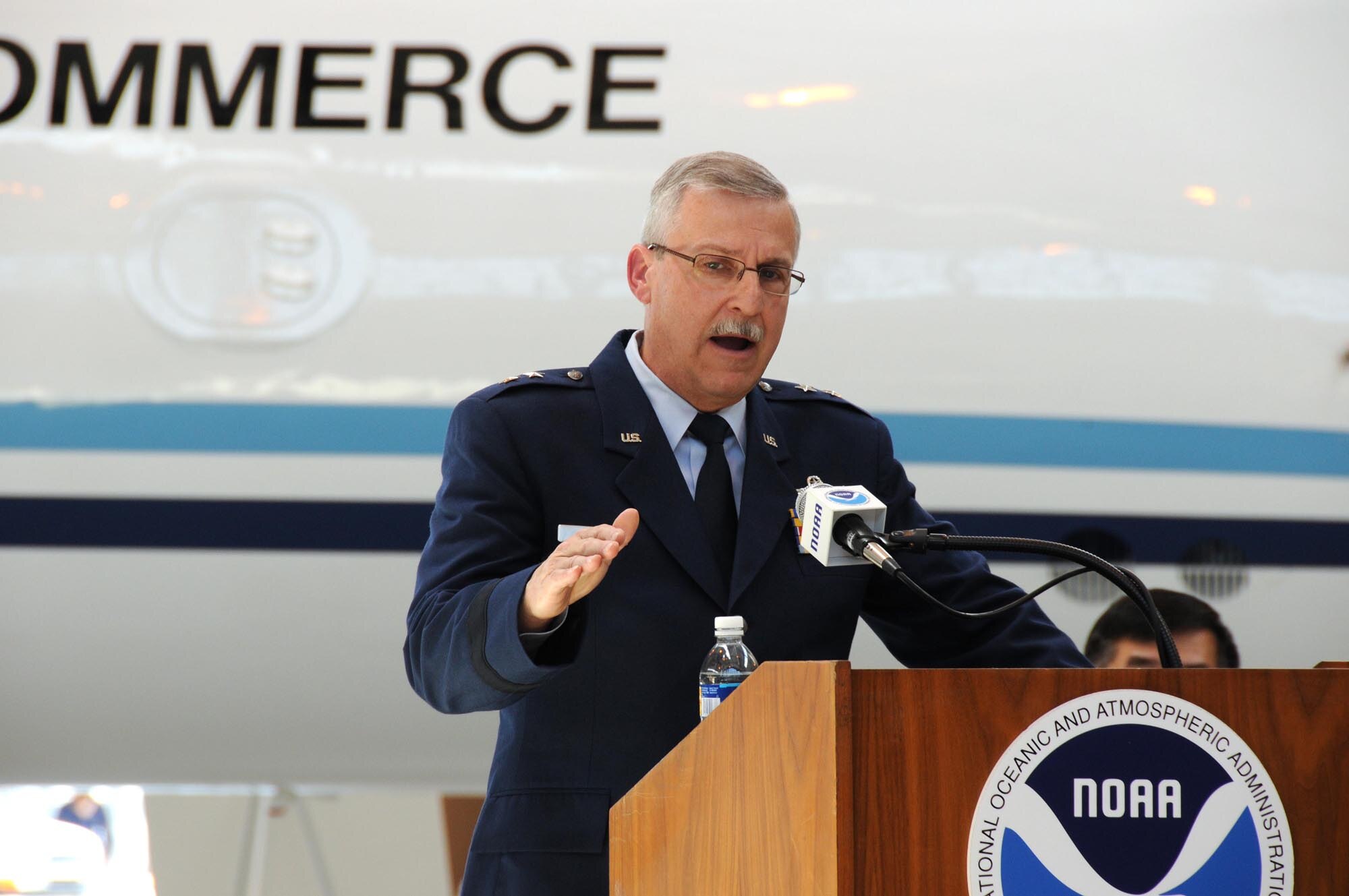 Maj. Gen. Martin Mazick, Air Force Reserve Command vice commander, in Washington speaks at a press conference May 21 about the training 53rd Weather Reconnaissance Squadron routinely does in order to prepare Hurricane Season.  The National Oceanic and Atmospheric Administration predicts the 2009 season, which begins June 1, will have a 70 percent chance of having nine to 14 named storms, of which four to seven could become hurricanes, including one to three major hurricanes (Category 3, 4 or 5).