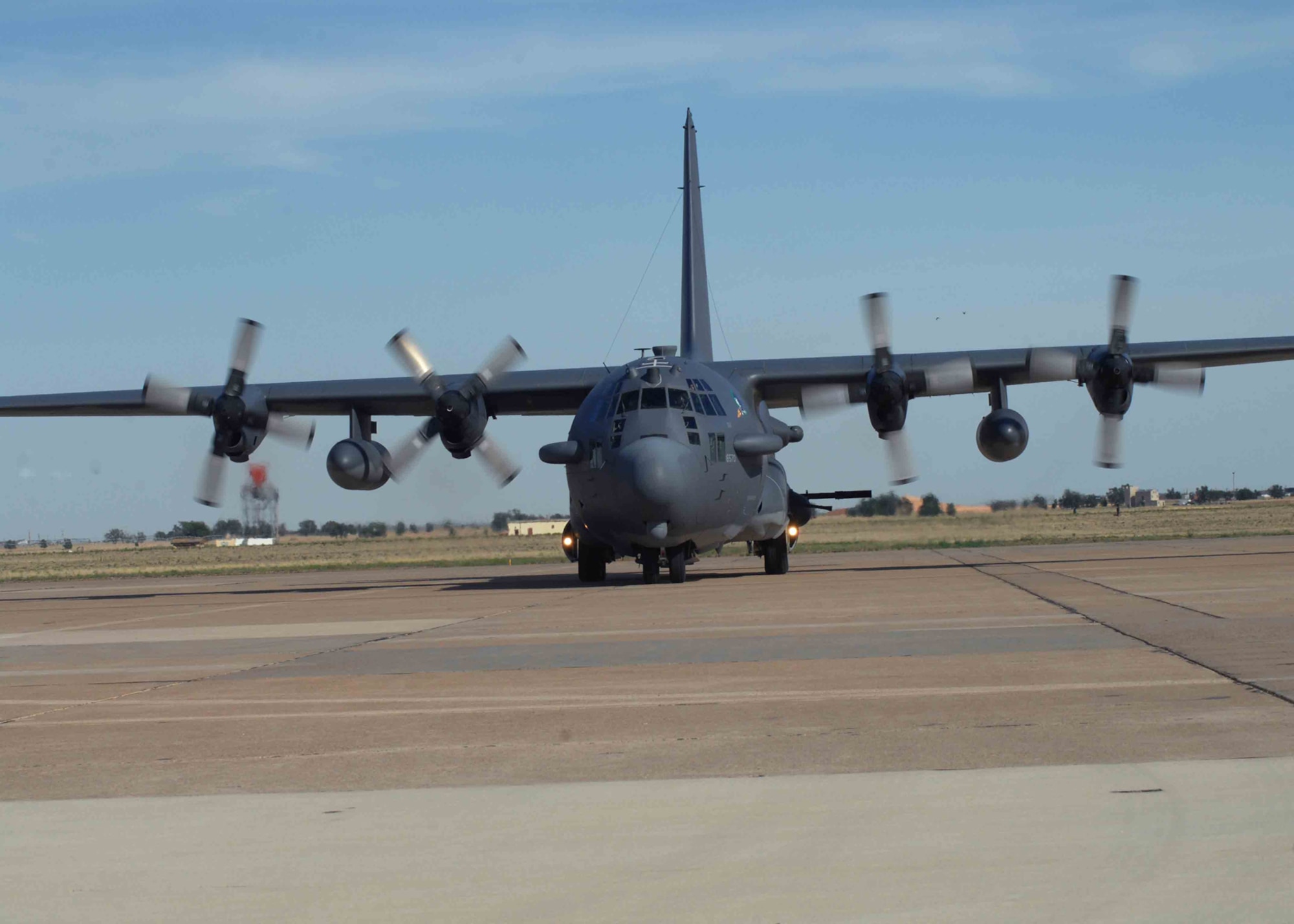 CANNON AIR FORCE BASE, N.M. -- One of two 16th Special Operations Squadron AC-130H Spectre AC-130H gunships taxis onto the flightline May 19.  The 16 SOS formerly transfers from the 1st Special Operations Wing at Hulburt Field, Fla., to the 27th Special Operations Wing at the end of June.  (U.S. Air Force photo/Airman 1st Class James Bell)