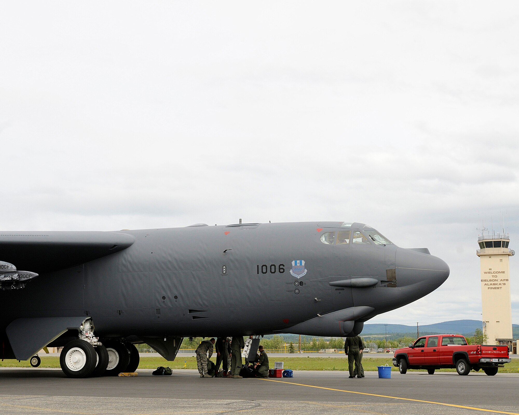A B-52 Stratofortress from Barksdale Air Force Base, La. sits on the flightline at Eielson Air Force Base, Alaska, May 31, 2009 in support of Northern Edge 2009. Northern Edge is Alaska's largest military training excercise. The exercise is held over a two-week period, involving components from the Army, Marines, Navy, and Air Force. (U.S. Air Force photo/Staff Sgt. Tia Wilson) 