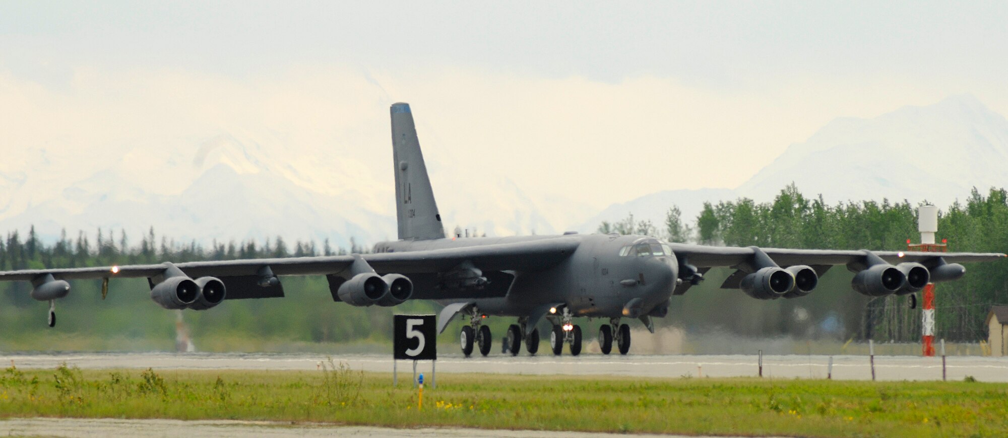 A B-52 Stratofortress from Barksdale AFB, La. arrives at Eielson Air Force Base, Alaska, May 31, 2009 in support of Northern Edge 2009.  Northern Edge is Alaska's largest military training excercise. The exercise is held over a two-week period, involving components from the Army, Marines, Navy, and Air Force. (U.S. Air Force photo/Staff Sgt. Tia Wilson) 