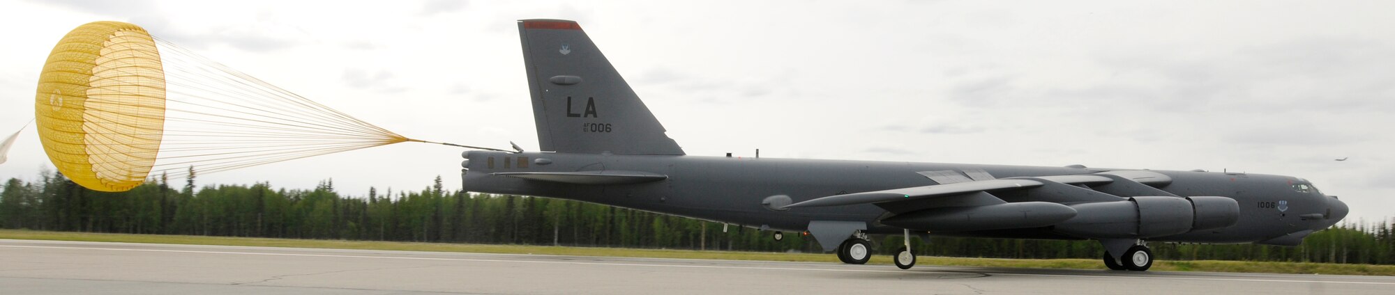 A B-52 Stratofortress from Barksdale AFB, La. arrives at Eielson Air Force Base, Alaska, May 31, 2009 in support of Northern Edge 2009.  Northern Edge is a joint-training exercise involving everything from defensive counter and close air support to personnel recovery missions, all while integrating new weapon systems into the training. (U.S. Air Force photo/Staff Sgt. Tia Wilson) 