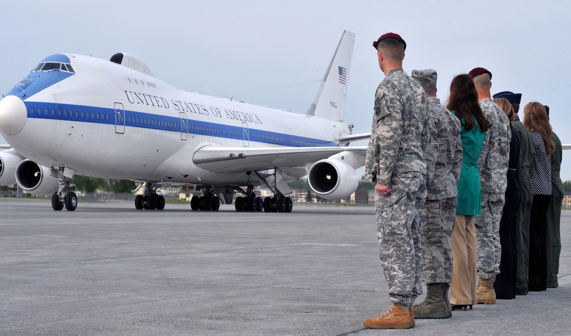 ELMENDORF AIR FORCE BASE, Alaska -- Leadership stand at attention for the arrival of Secretary of Defense Robert M. Gates here June 1, 2009. Secretary Gates came to Elmendorf to discuss with Airmen how the war is affecting this base and their everyday lives. (U.S. Air Force/Senior Airman Laura Turner)