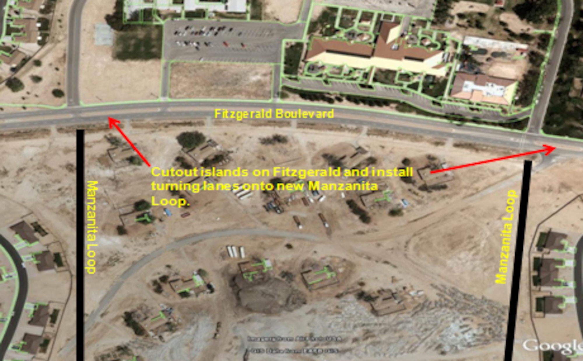Hunt Construction is currently building 127 homes authorized in the 2006 Military Family Housing Military Construction bill in the Tamarisk Plains, Acacia Hills and Palo Verde Heights neighborhoods. Hunt construction will install turning lanes from FitzGerald Boulevard onto the Manzanita Loop beginning June 8. During this time, Hunt Construction will have an interior lane closure for the east and west bound lanes to allow for demolition of the medians and the construction of the turning lanes. Traffic will be allowed to travel on the east and west bound exterior lanes of FitzGerald Boulevard during the construction period. Call Joseph Hunt at 277-3791 for more information. (Courtesy graphic)