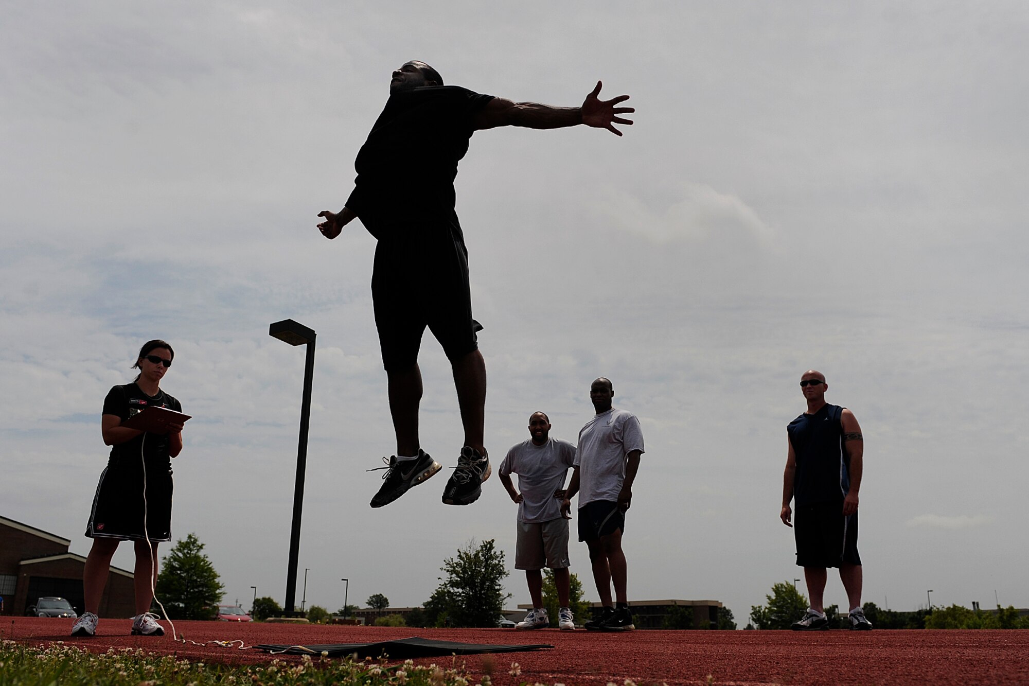 LANGLEY AIR FORCE BASE, Va. -- Staff Sgt. James Beck, 27th Fighter Squadron avionics resource manager, leaps into the air during the vertical jump station of a Velocity class here May 29. Certified representatives from Velocity led a physical conditioning class geared toward improving overall physical performance in support of May fitness month.  (U.S. Air Force photo/Senior Airman Vernon Young)