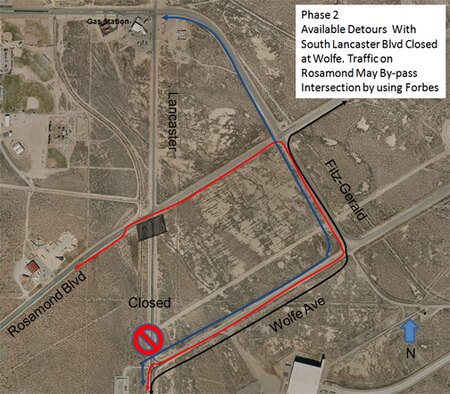 The 95th Civil Engineer and Transportation Directorate will repair the intersection at Rosamond and Lancaster Boulevards beginning June 8 to mid-August. (Courtesy graphic)
