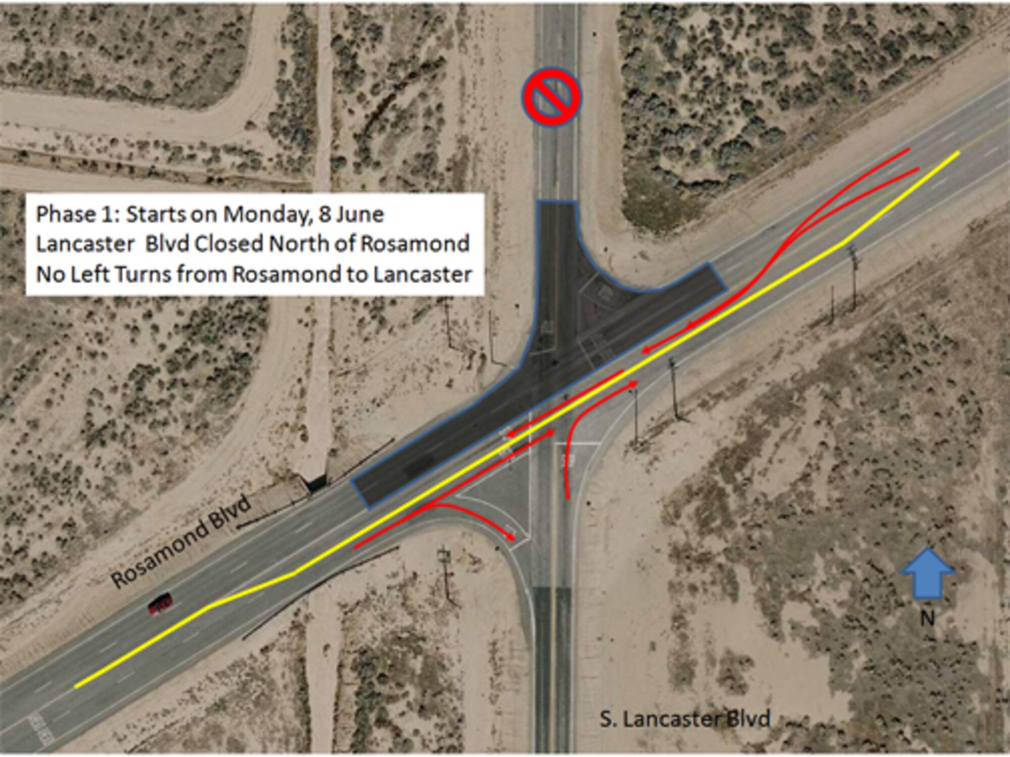 The 95th Civil Engineer and Transportation Directorate will repair the intersection at Rosamond and Lancaster Boulevards beginning June 8 to mid-August. (Courtesy graphic)