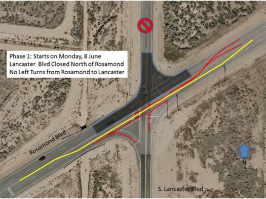 The 95th Civil Engineer and Transportation Directorate will repair the intersection at Rosamond and Lancaster Boulevards beginning June 8 to mid-August. (Courtesy graphic)