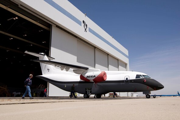 The Advanced Composite Cargo Aircraft is rolled out of a hangar in May 2009 at Lockheed Martin's Skunk Works, U.S. Air Force Plant 42 in Palmdale, Calif. AIr Force officials have designated the aircraft X-55A. It was developed by Air Force Research Laboratory and Lockheed Martin. (Lockheed Martin photo)