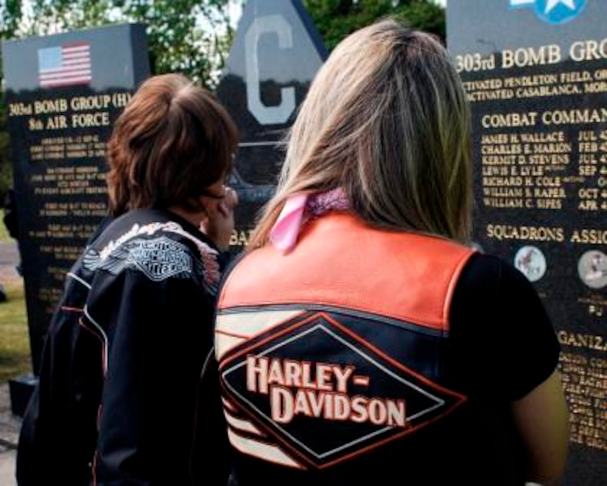 Nene Valley Chapter HOG members view the 303rd Bomb Group memorial at their first stop during their "American Dream" ride-out.  (U.S. Air Force photo by Staff Sgt. Chad E. Chisholm)